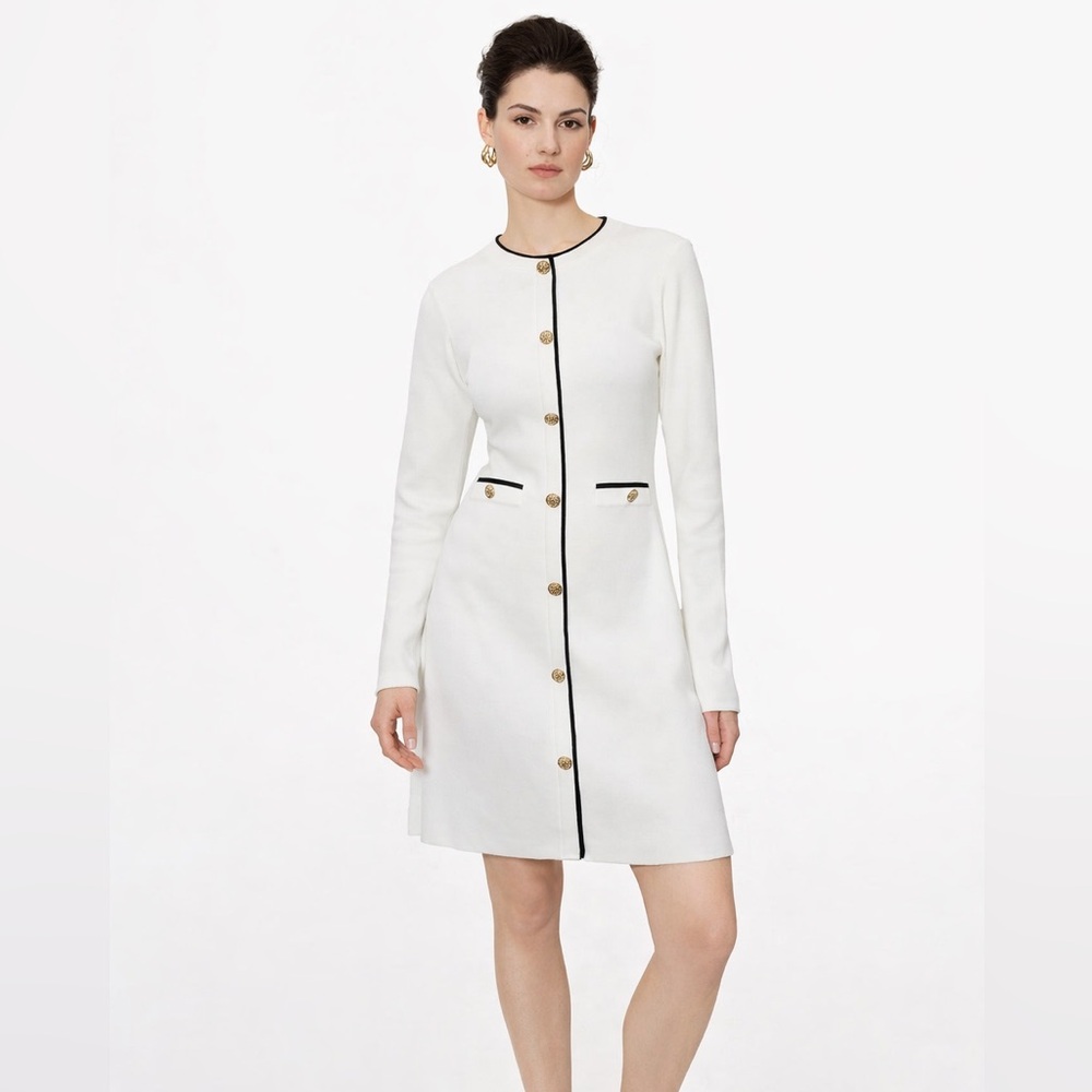 NWT URBAN REVIVO Women's Dress Long Sleeve Knit Button Down Dress Cream Black XS